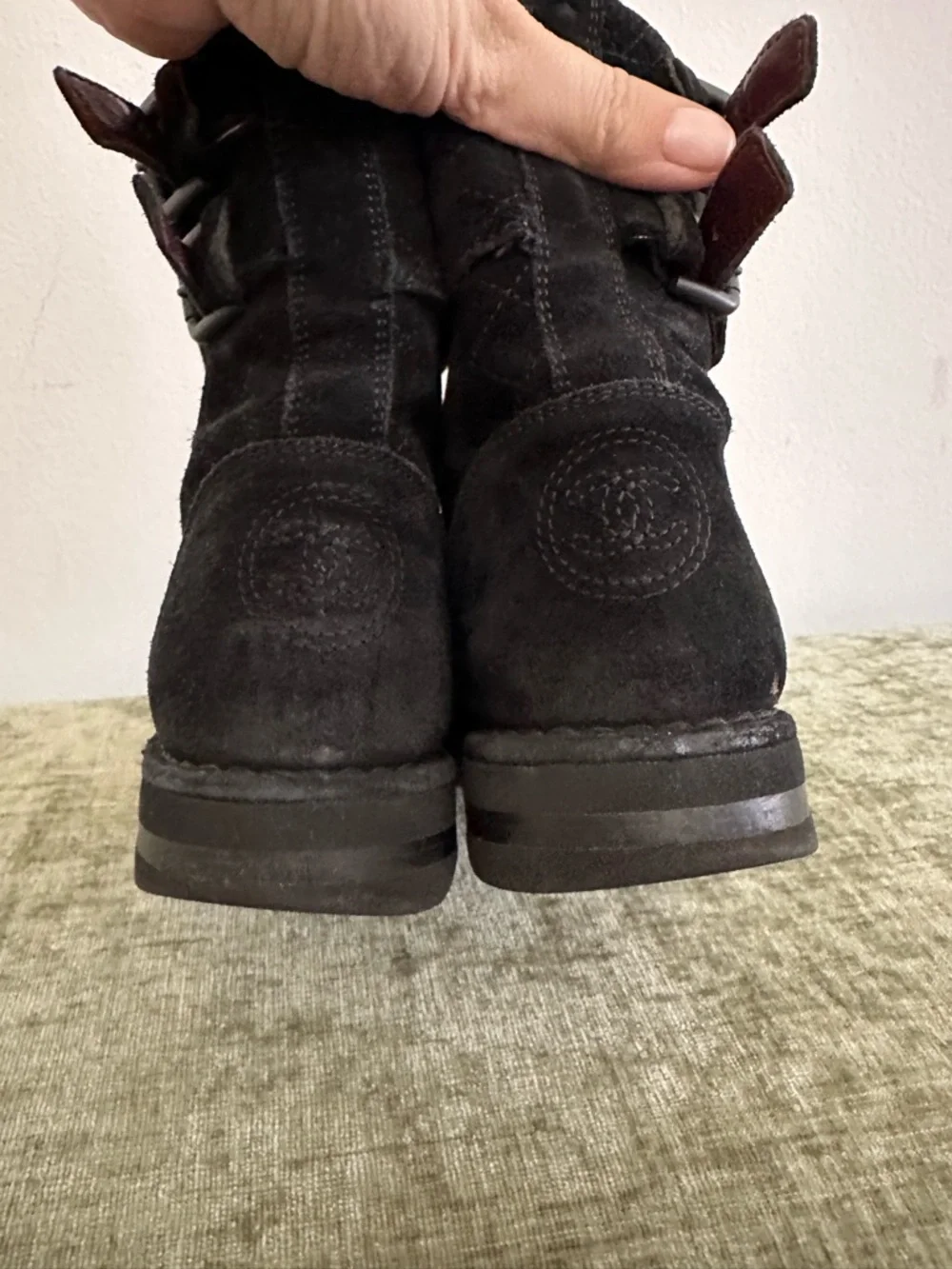 CHANEL Quilted Black Suede Lace Up Combat Flat Moto Short Boots Shoes size 37.5